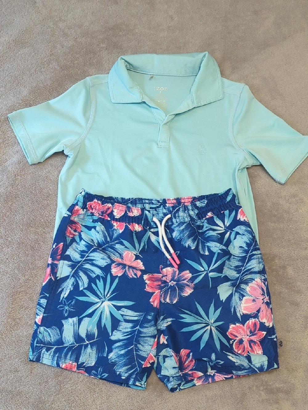 Izod Light Aqua Polo with Navy Tropical Swim Shorts